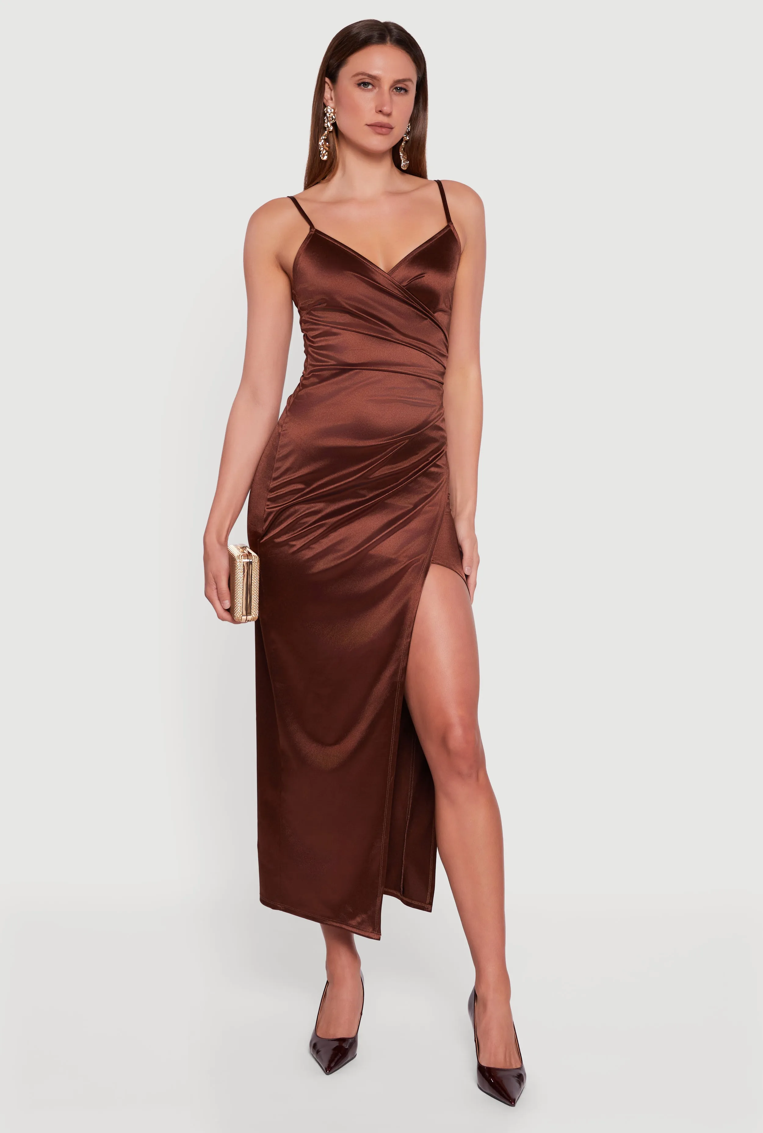 Satin Ruched Faux Wrap Maxi Dress with Side Slit sold by Rainbow