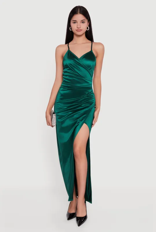 Satin Ruched Faux Wrap Maxi Dress with Side Slit sold by Rainbow