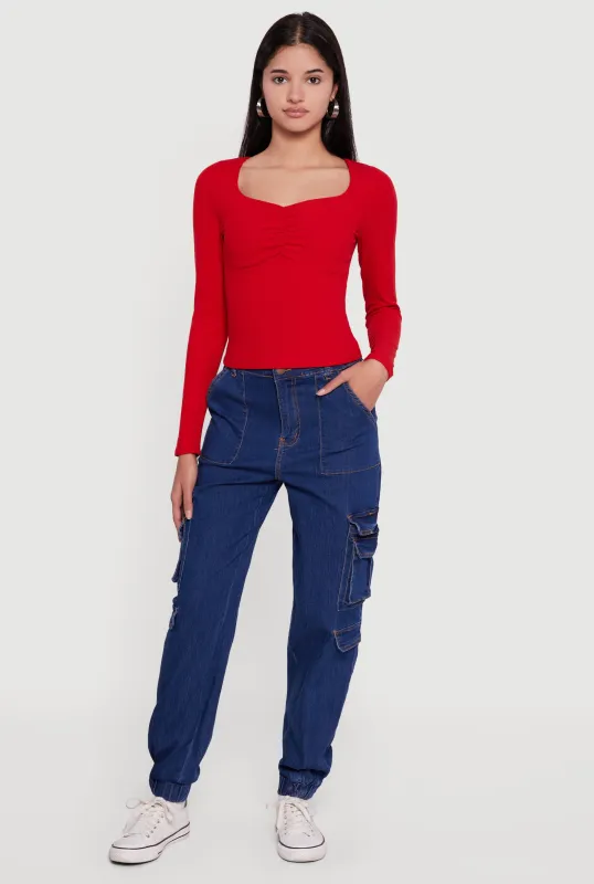 Ruched Front Long Sleeve Sweetheart Crop Top sold by Rainbow