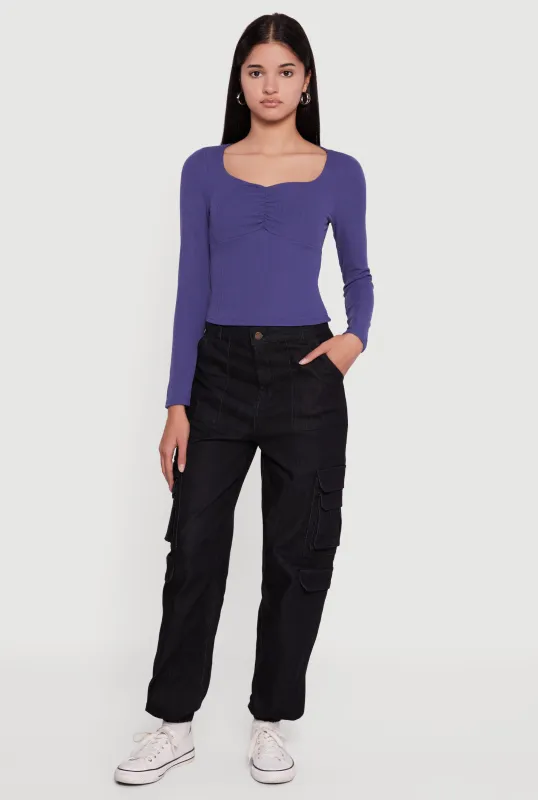 Ruched Front Long Sleeve Sweetheart Crop Top sold by Rainbow