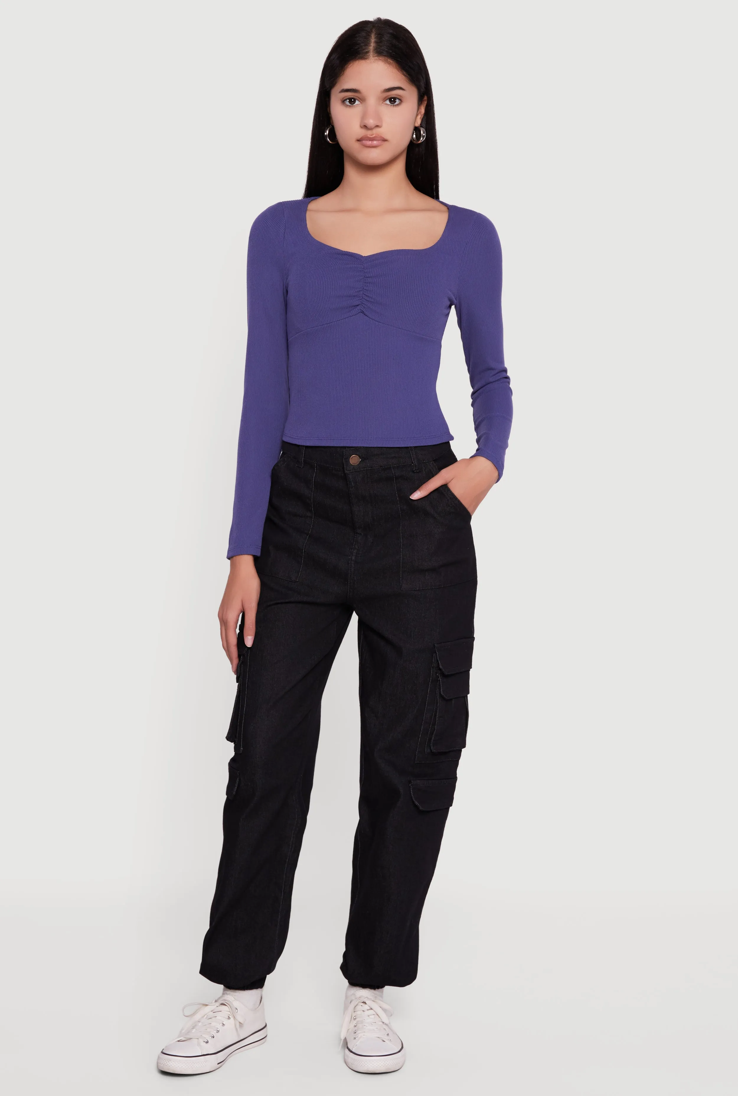 Ruched Front Long Sleeve Sweetheart Crop Top sold by Rainbow