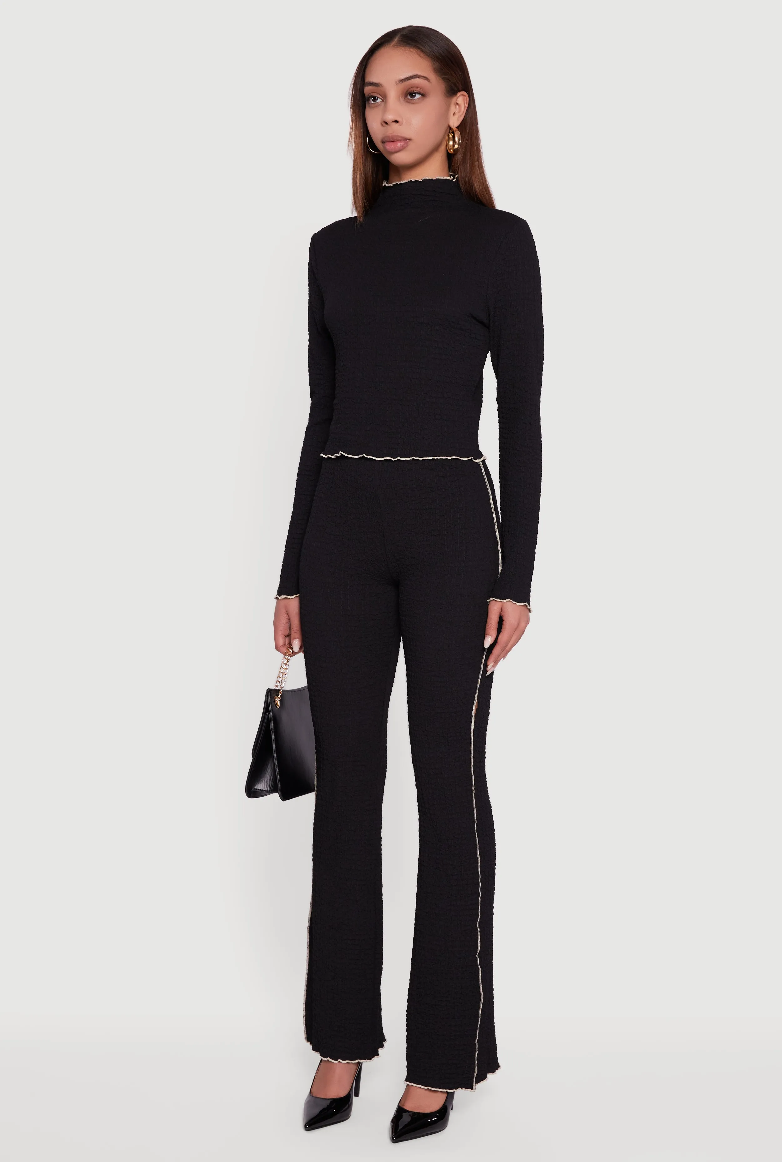 Textured Knit Contrast Trim Long Sleeve Mock Neck Top sold by Rainbow product image thumbnail 5