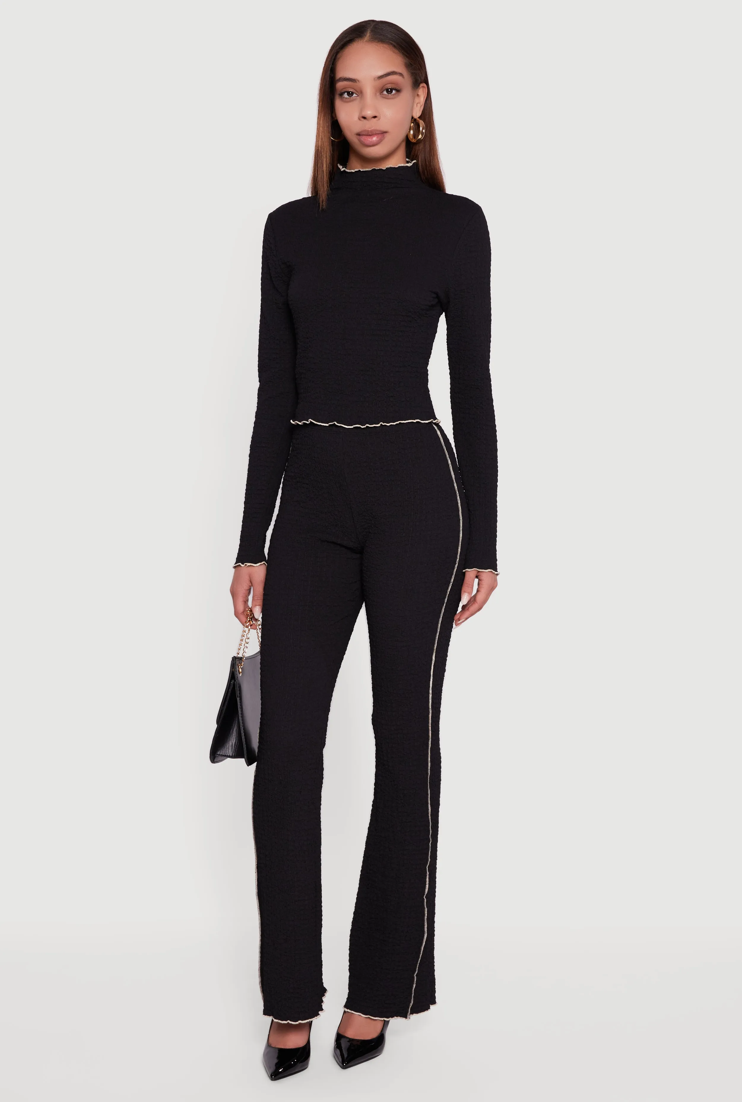 Textured Knit Contrast Trim Long Sleeve Mock Neck Top sold by Rainbow product image thumbnail 2