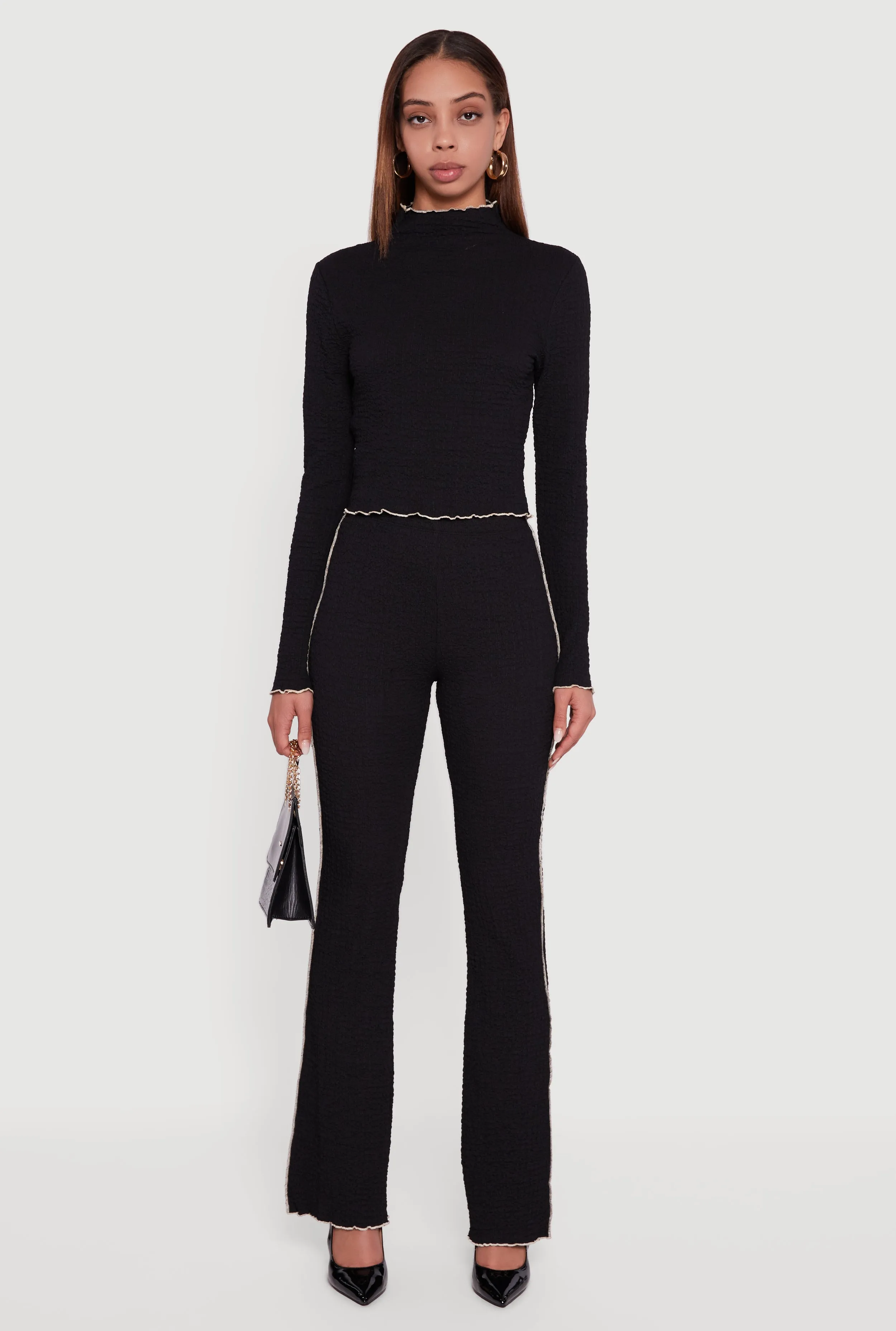 Textured Knit Contrast Trim Long Sleeve Mock Neck Top sold by Rainbow product image thumbnail 3