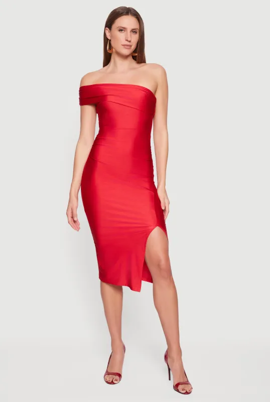 Off the Shoulder Ruched Midi Dress with Side Slit sold by Rainbow