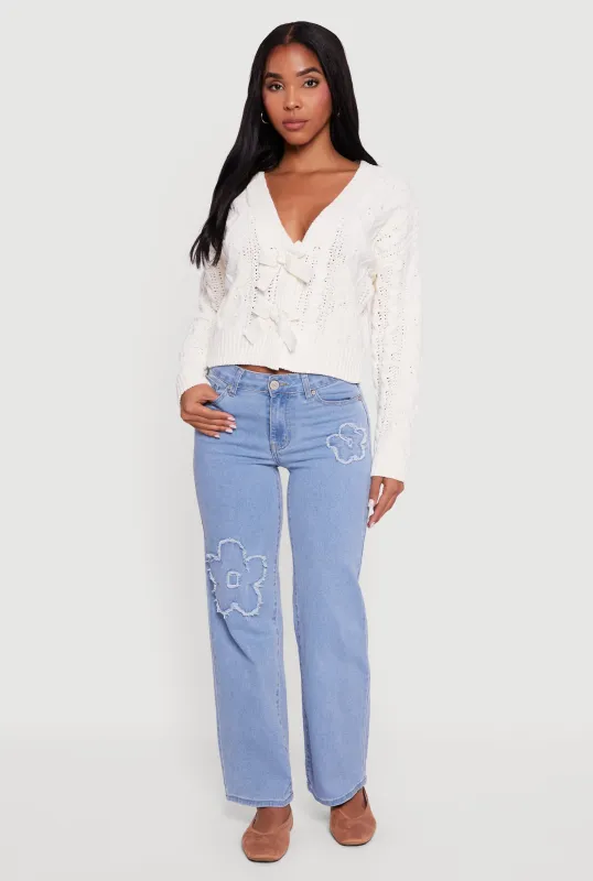 Chenille Cable Knit Long Sleeve Cardigan with Bows sold by Rainbow