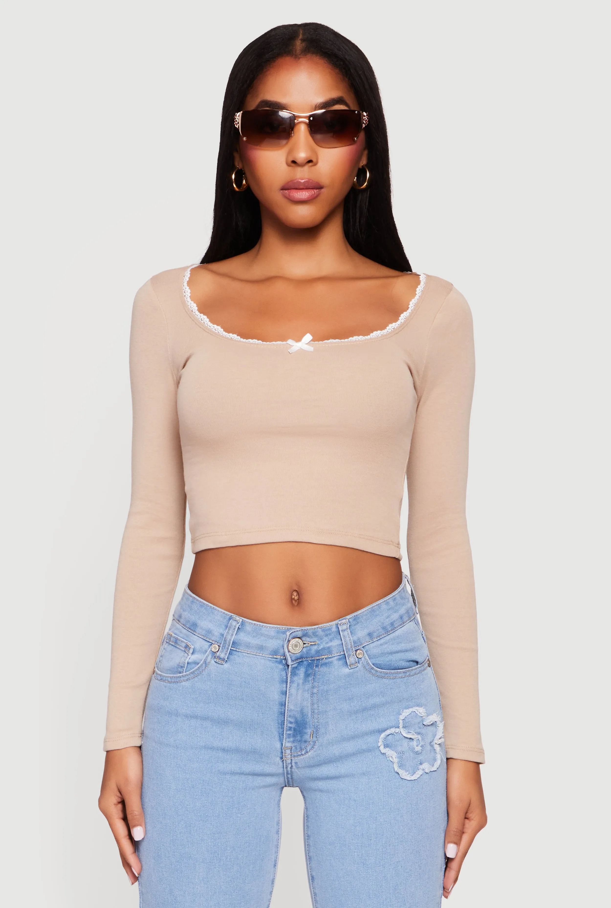 Lace Detail Scoop Neck Long Sleeve Crop Top sold by Rainbow product image thumbnail 2