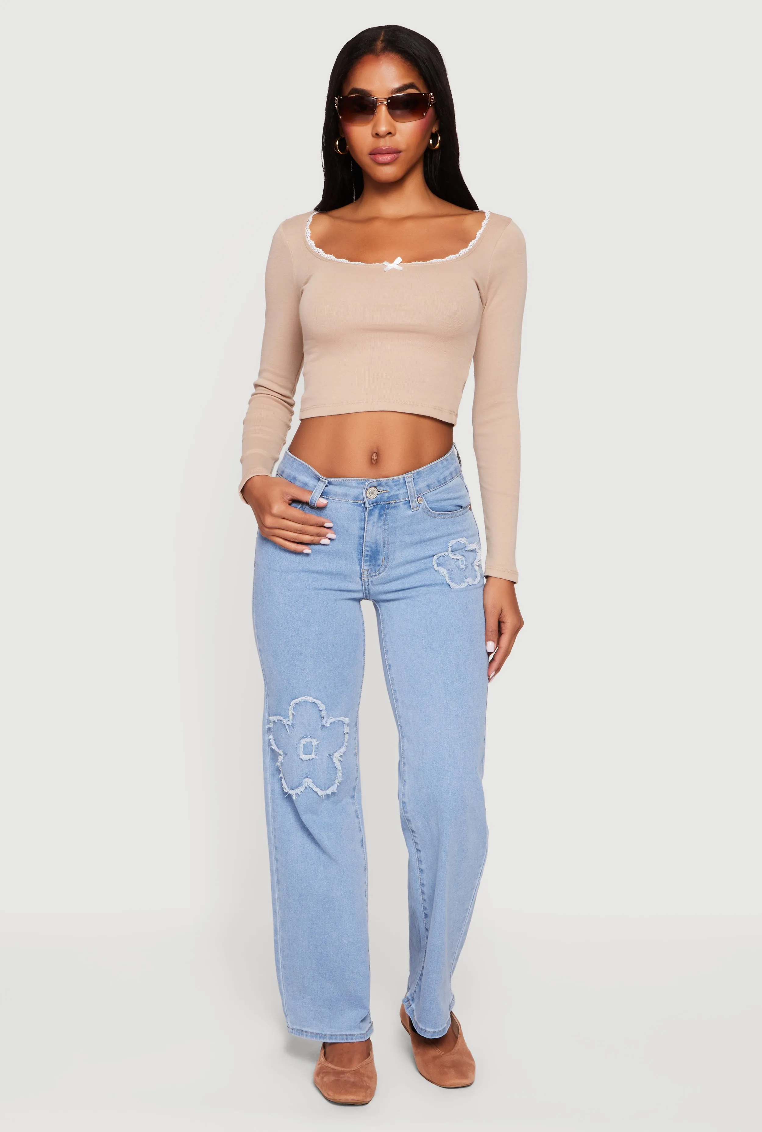 Lace Detail Scoop Neck Long Sleeve Crop Top sold by Rainbow product image thumbnail 3