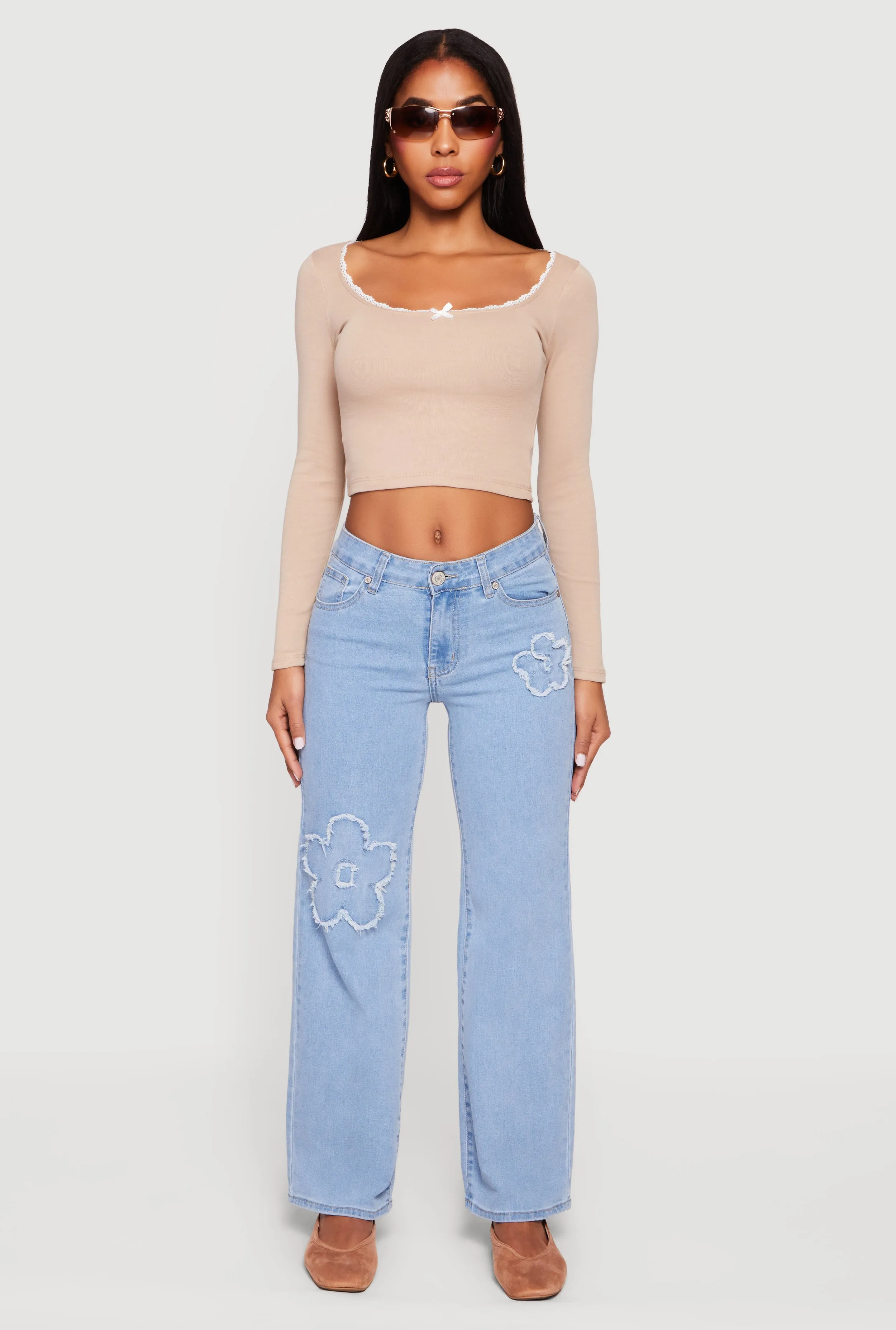 Lace Detail Scoop Neck Long Sleeve Crop Top sold by Rainbow