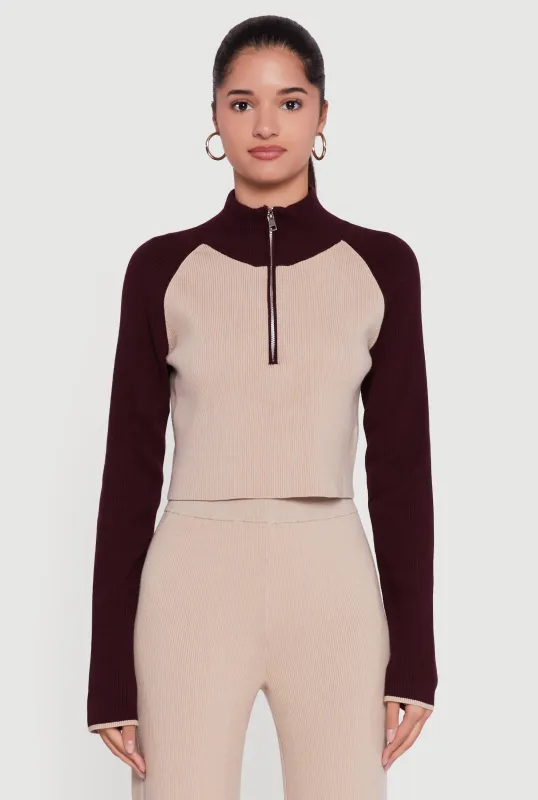 Color Blocked Half Zip Crop Sweater sold by Rainbow