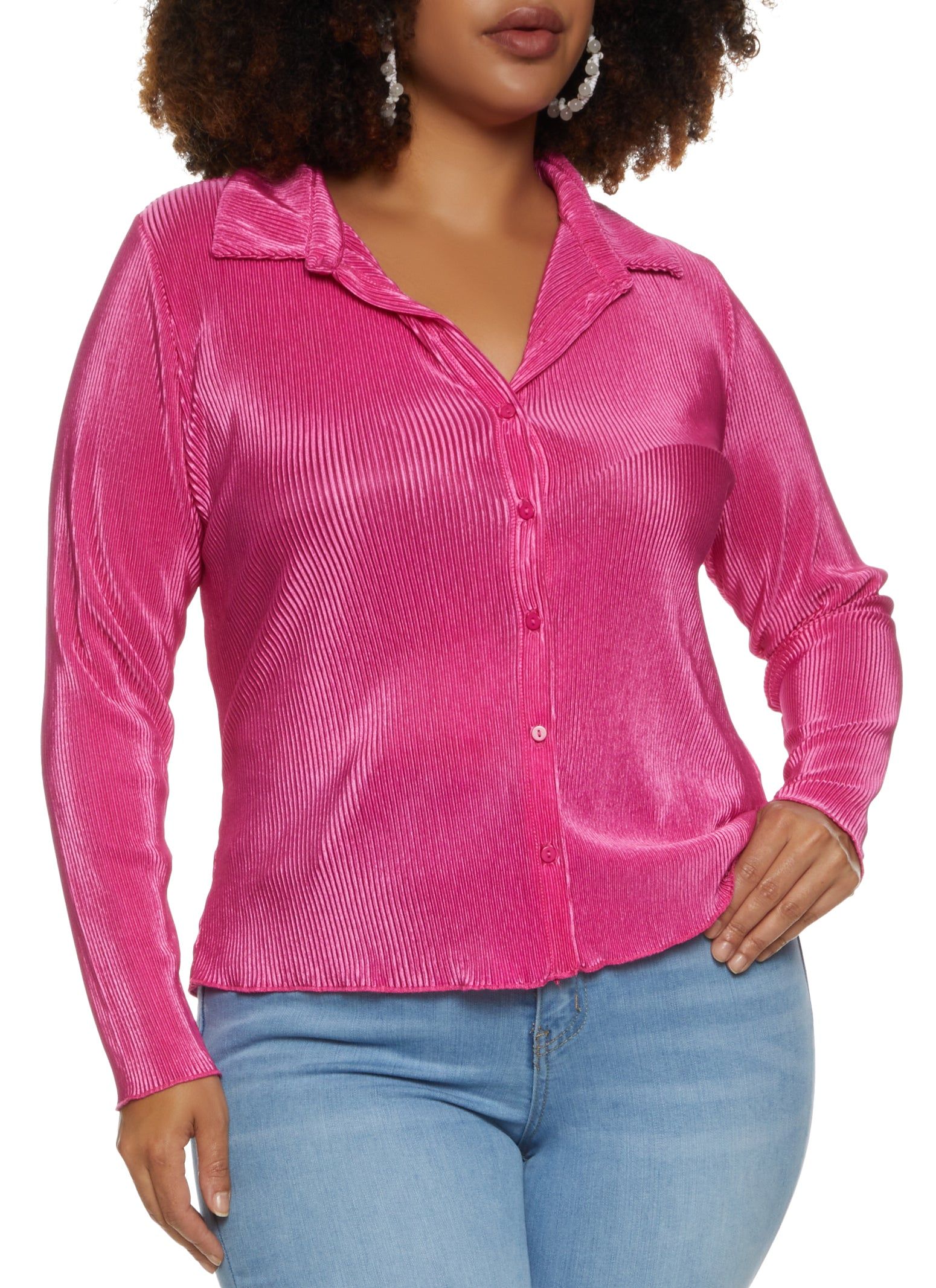 Plus Size Plisse Collared Button Front Shirt sold by Rainbow