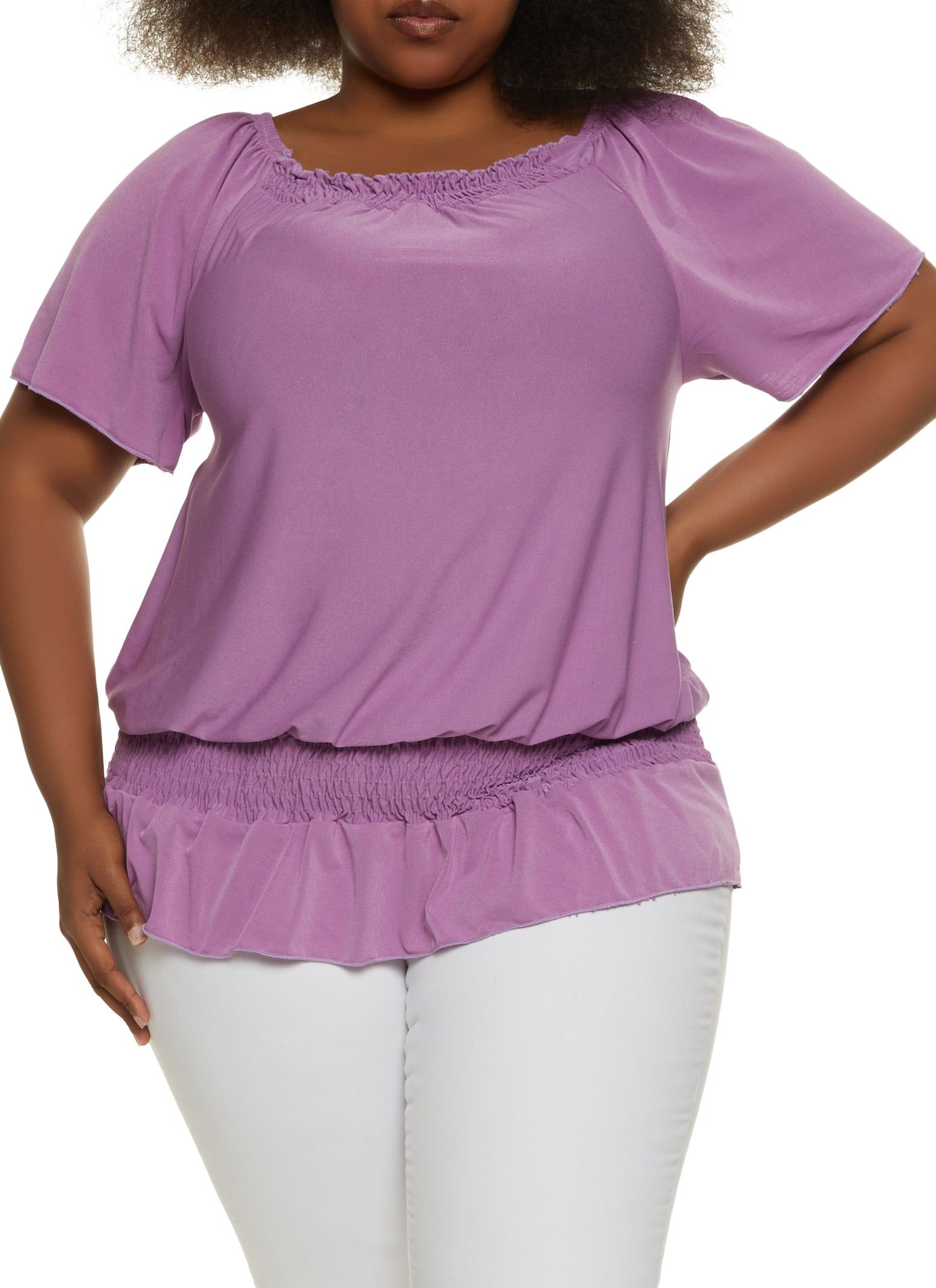 Plus Size Square Neck Smocked Waist Blouse sold by Rainbow