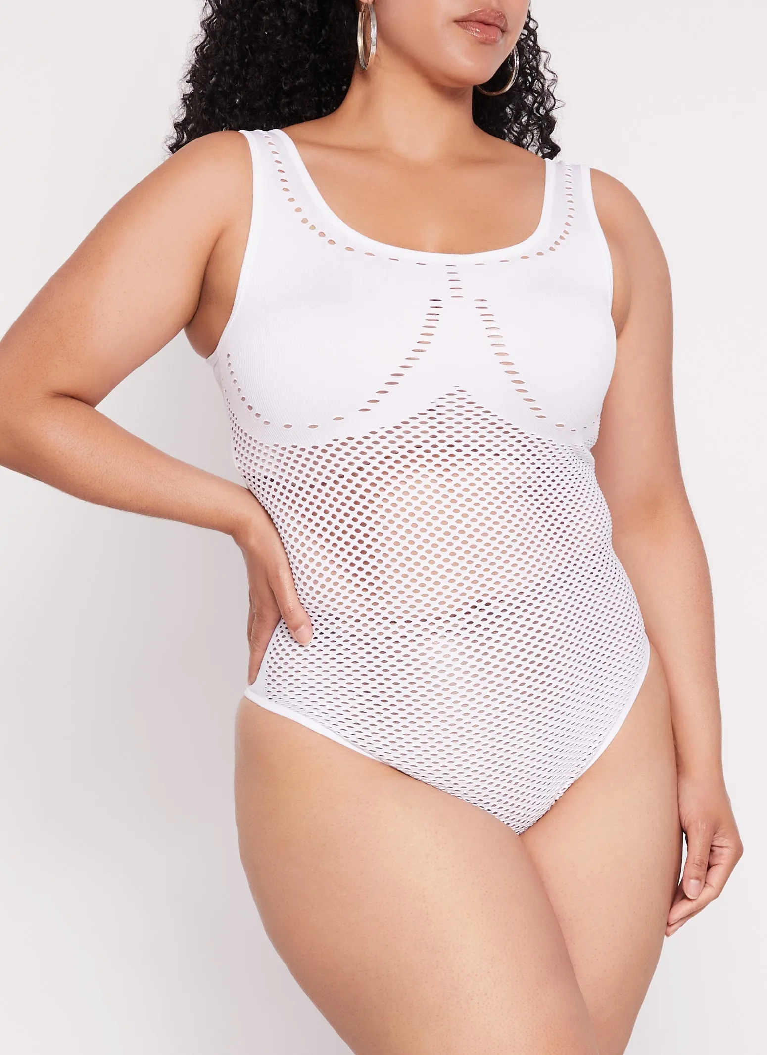 Plus Size Seamless Ribbed Laser Cut Tank Bodysuit sold by Rainbow
