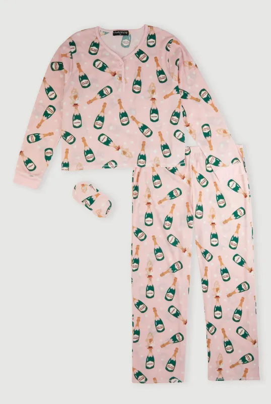 Plus Size Champagne Print Pajama Gift Set with Eye Mask sold by Rainbow