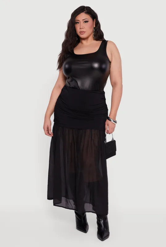 Plus Size High Waisted Ruched Side Ruffle Hem Maxi Skirt sold by Rainbow