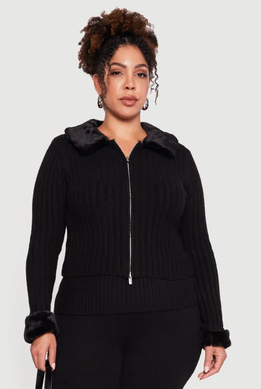 Plus Size Removable Faux Fur Trim Zip Front Sweater sold by Rainbow