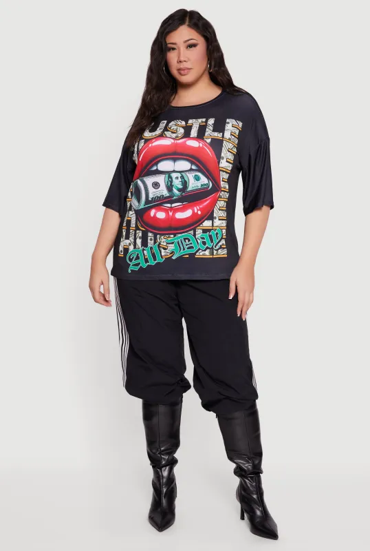 Plus Size Oversized Hustle All Day Graphic Tee sold by Rainbow