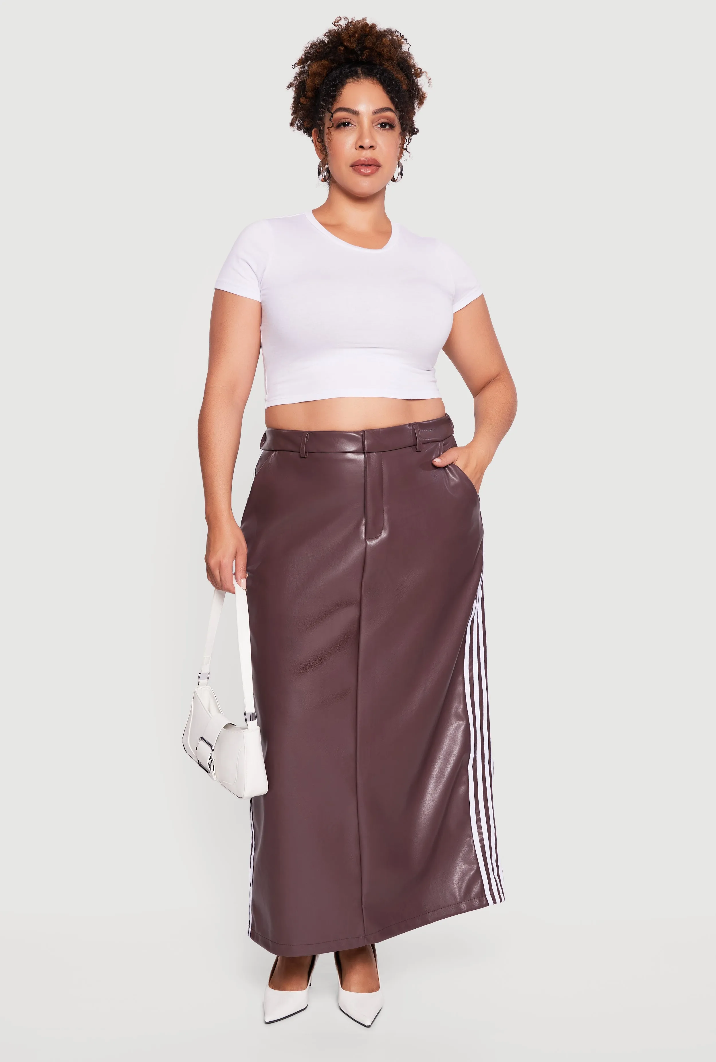 Plus Size Faux Leather Maxi Skirt with Side Stripes sold by Rainbow