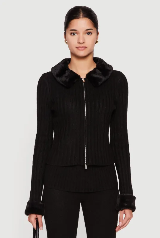 Zip Front Cardigan with Removable Faux Fur Collar and Cuffs sold by Rainbow