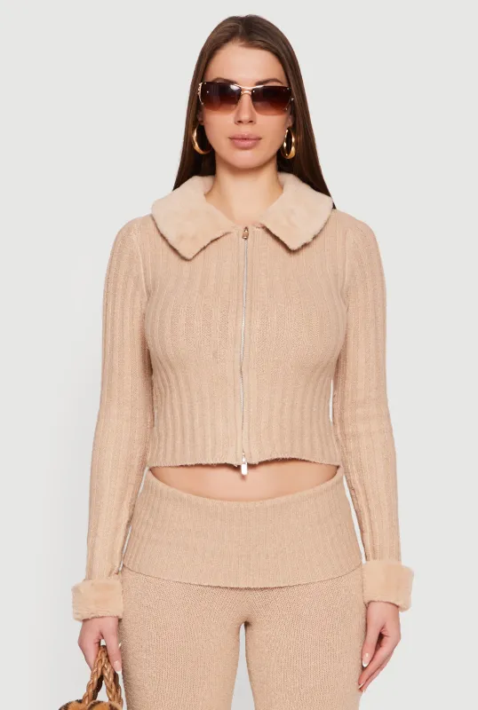 Zip Front Cardigan with Removable Faux Fur Collar and Cuffs sold by Rainbow