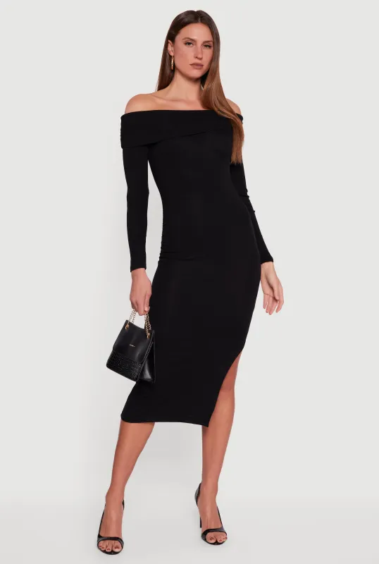 Fold Over Off the Shoulder Dress with Side Slit sold by Rainbow