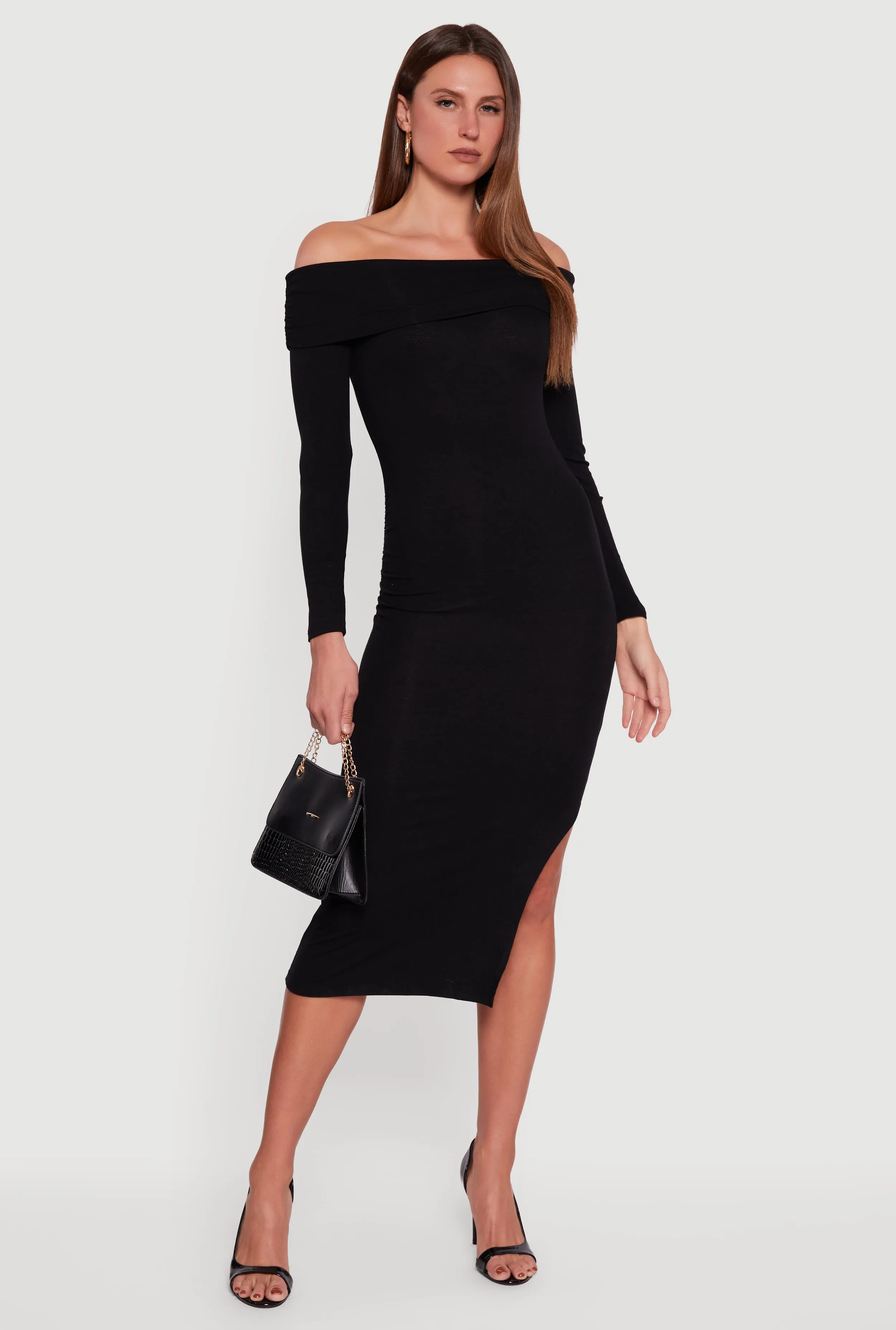 Fold Over Off the Shoulder Dress with Side Slit sold by Rainbow