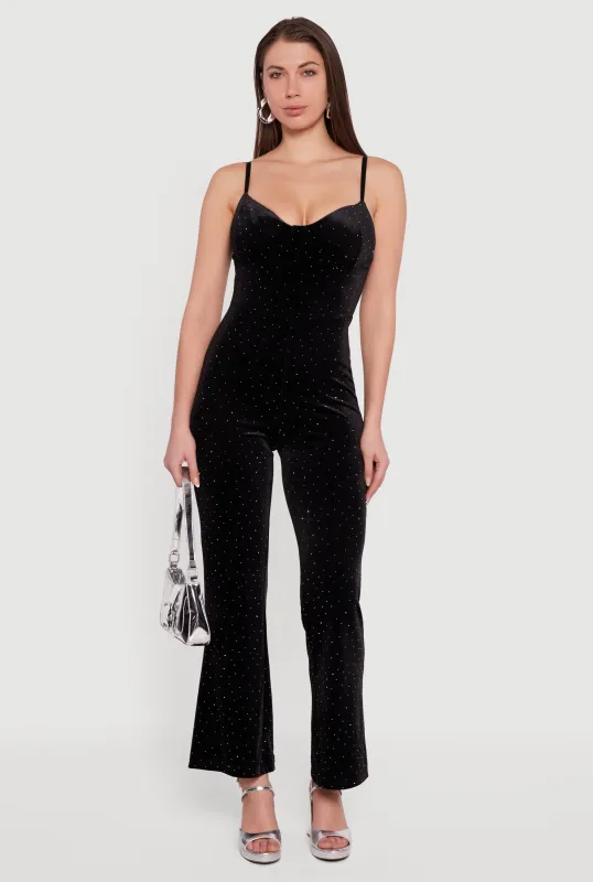 Velvet Sleeveless Bustier Jumpsuit with Rhinestones sold by Rainbow