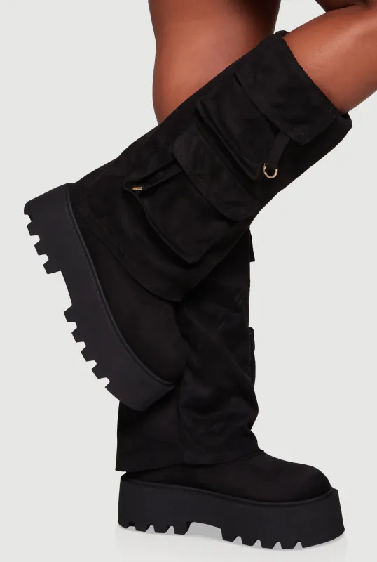 Faux Suede Cargo Pocket Lug Sole Slouch Boots sold by Rainbow