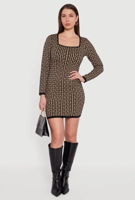 Printed Pattern Long Sleeve Square Neck Sweater Dress sold by Rainbow
