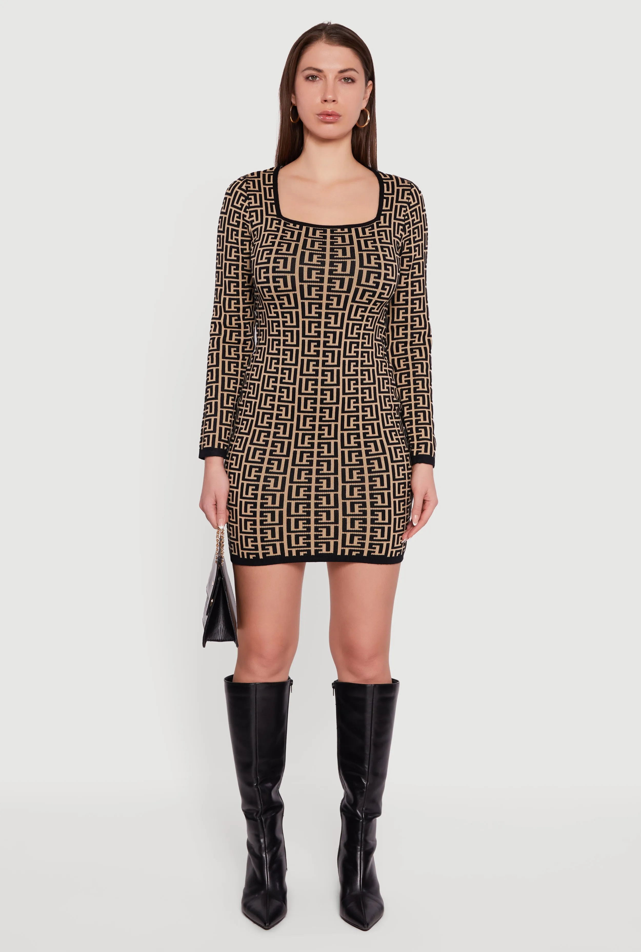 Printed Pattern Long Sleeve Square Neck Sweater Dress sold by Rainbow product image thumbnail 2