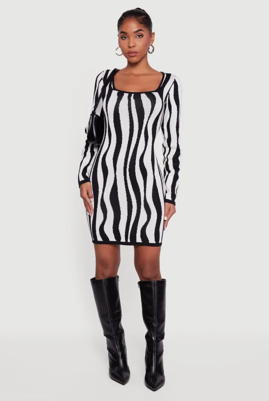 Printed Pattern Long Sleeve Square Neck Sweater Dress sold by Rainbow