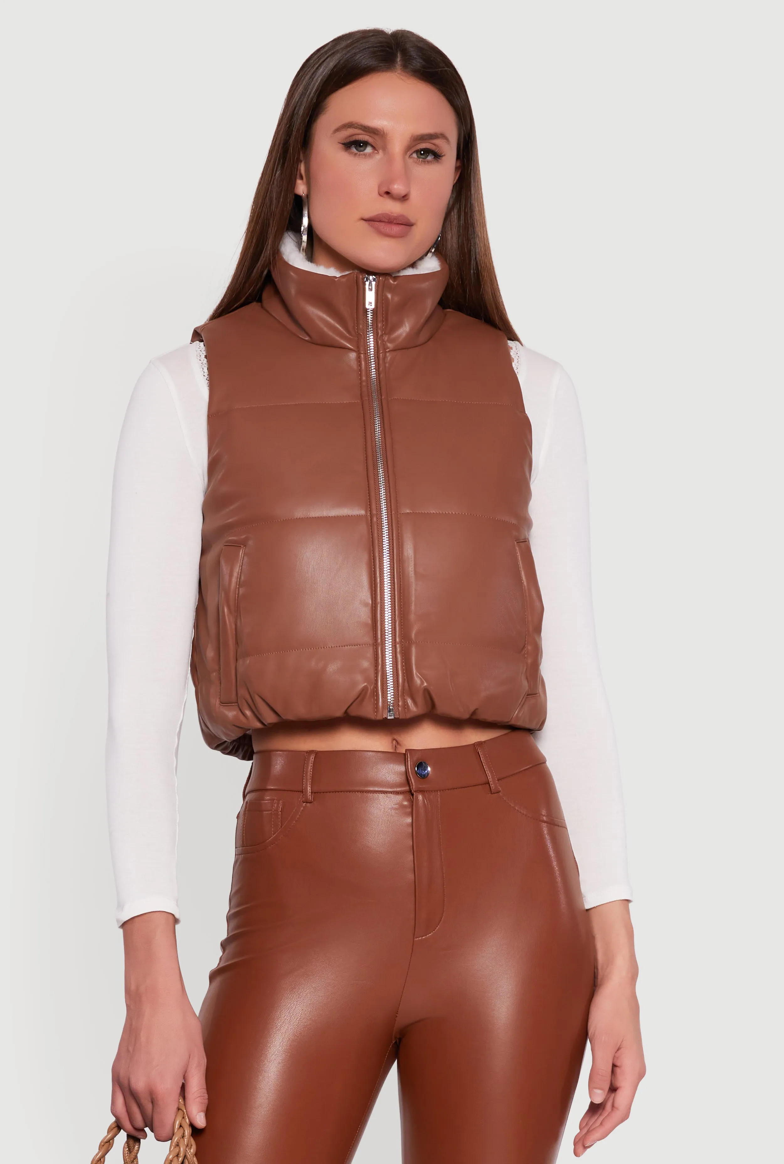 Faux Leather Sherpa Lined Cropped Puffer Vest sold by Rainbow product image thumbnail 2