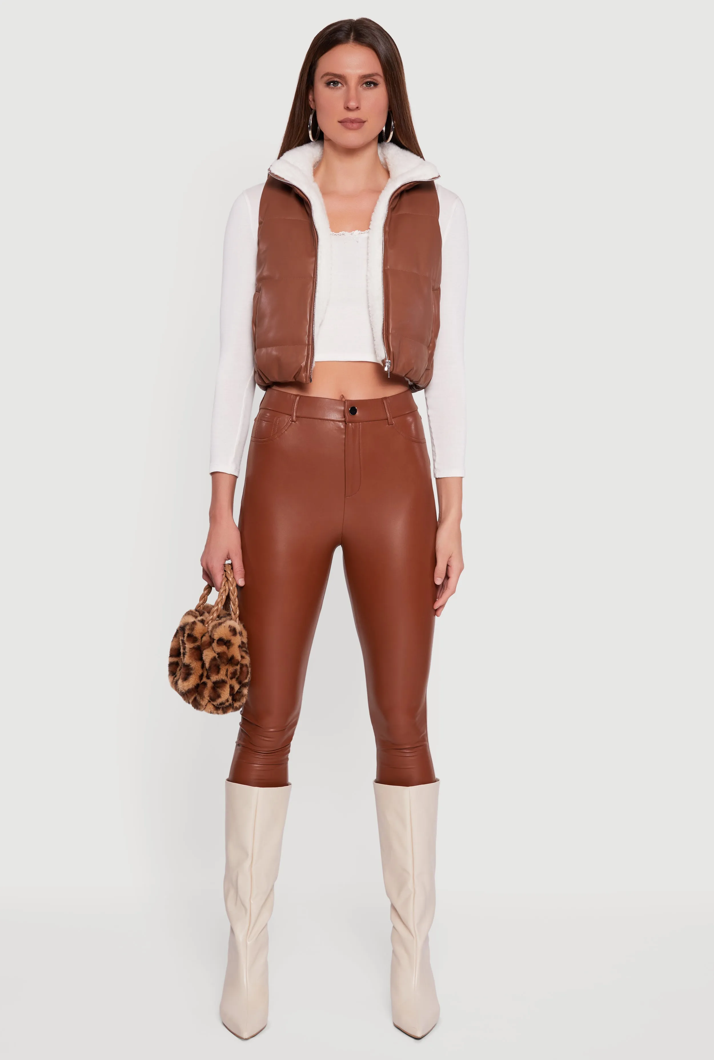 Faux Leather Sherpa Lined Cropped Puffer Vest sold by Rainbow product image thumbnail 3