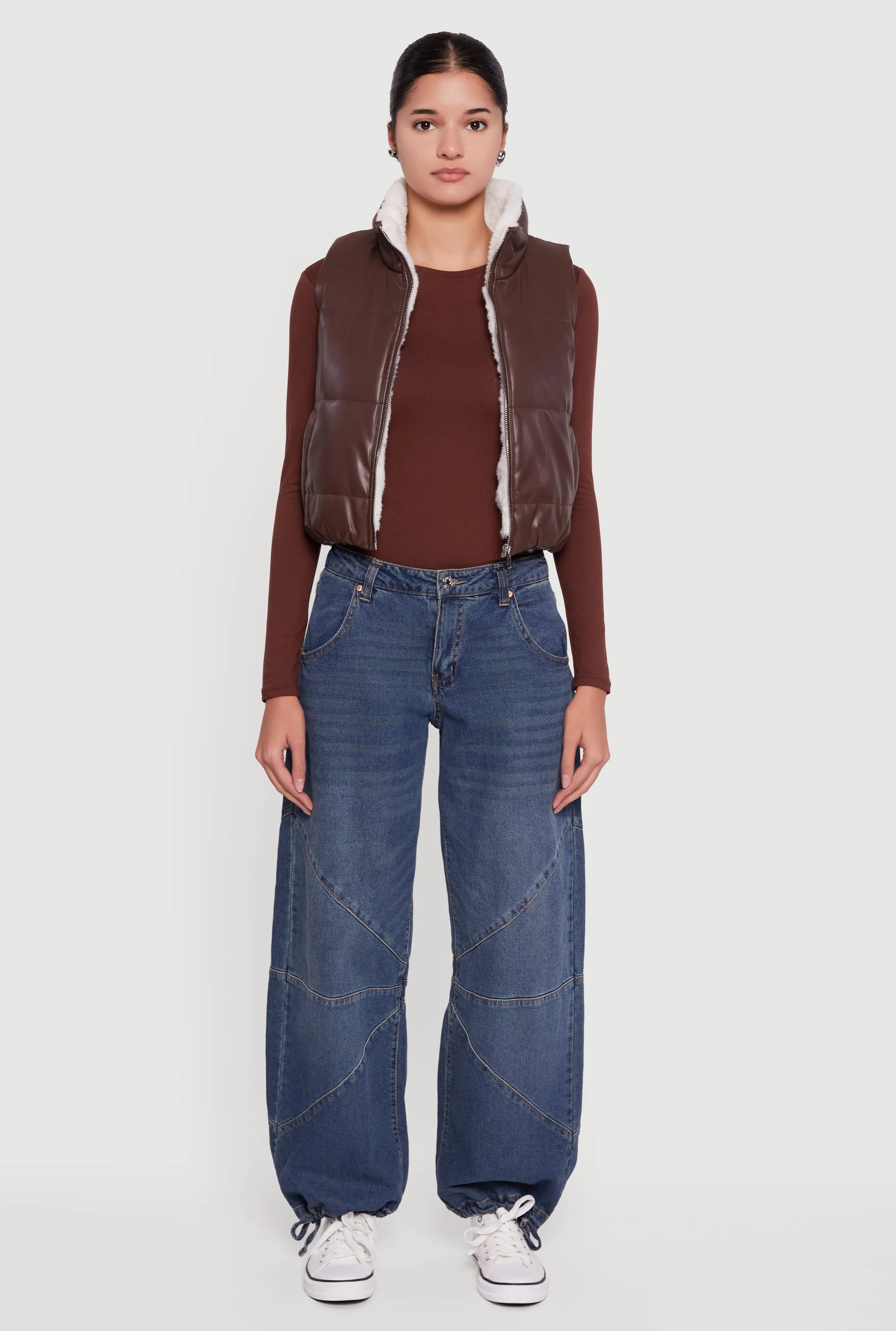 Faux Leather Sherpa Lined Cropped Puffer Vest sold by Rainbow product image thumbnail 3