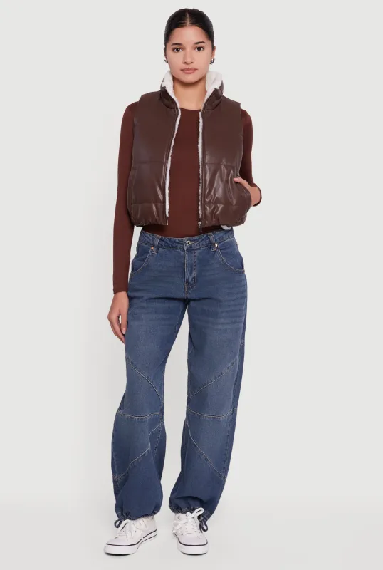 Faux Leather Sherpa Lined Cropped Puffer Vest sold by Rainbow
