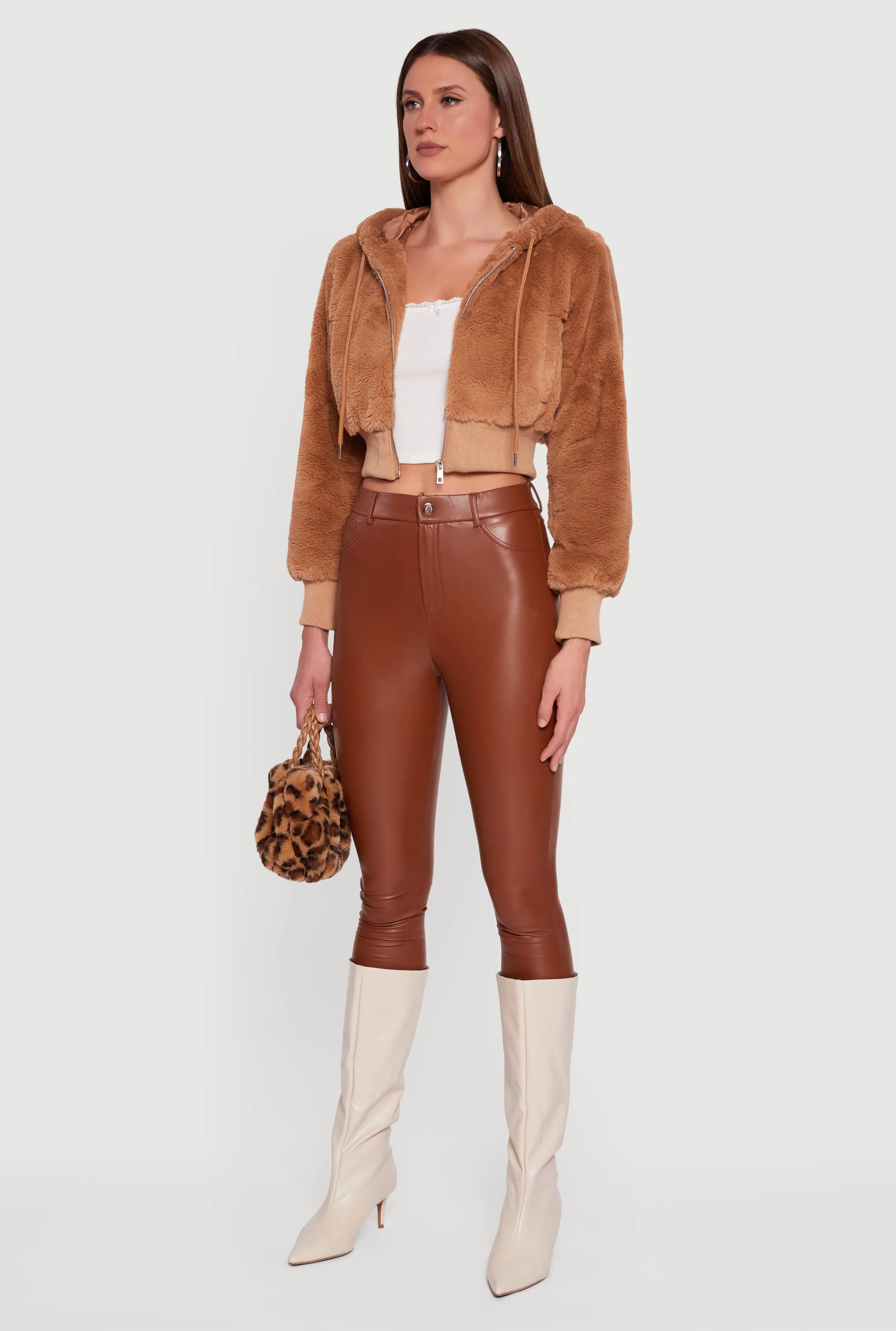 Faux Fur Zip Front Hooded Cropped Jacket sold by Rainbow product image thumbnail 5