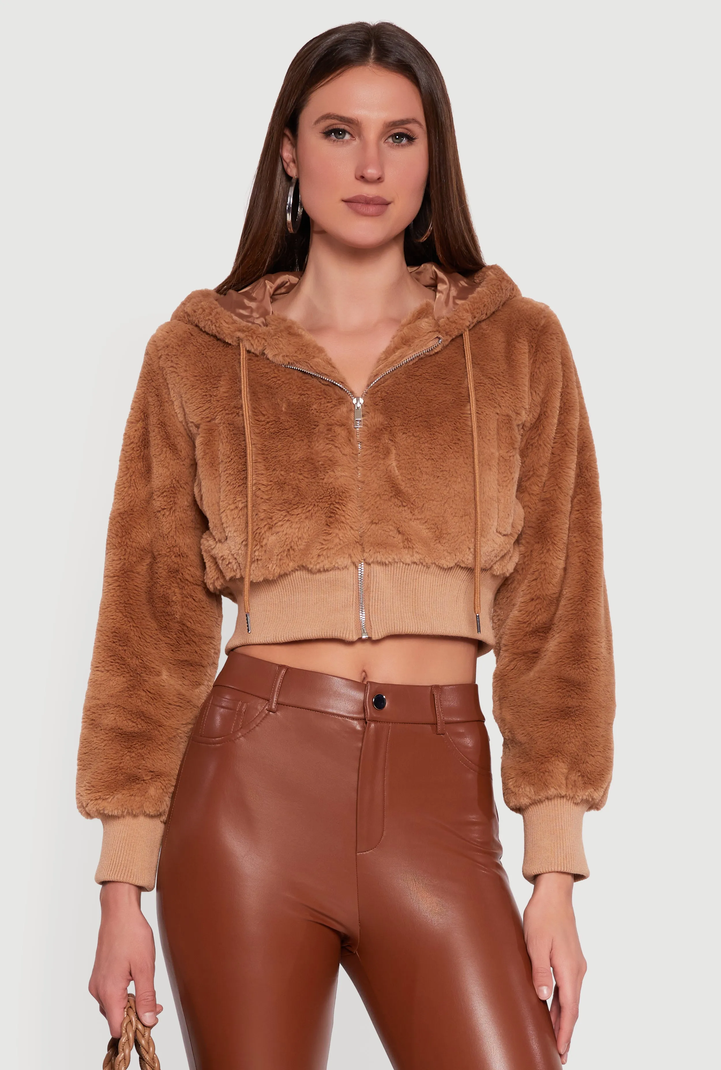 Faux Fur Zip Front Hooded Cropped Jacket sold by Rainbow product image thumbnail 2