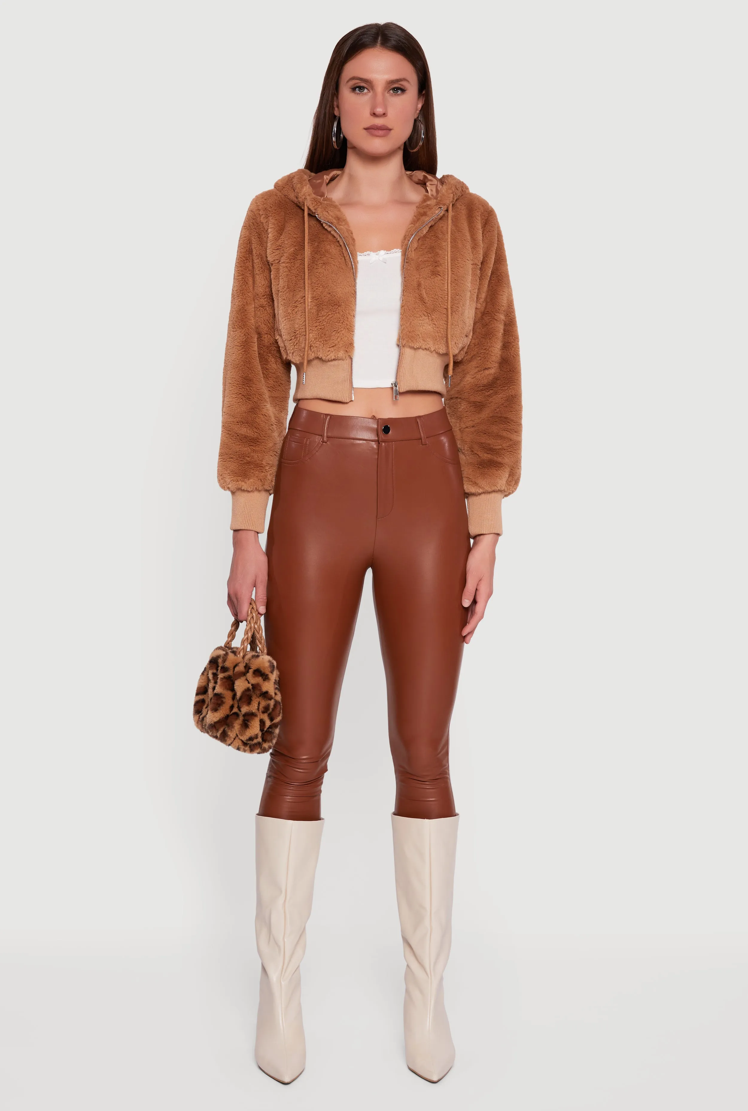 Faux Fur Zip Front Hooded Cropped Jacket sold by Rainbow product image thumbnail 3