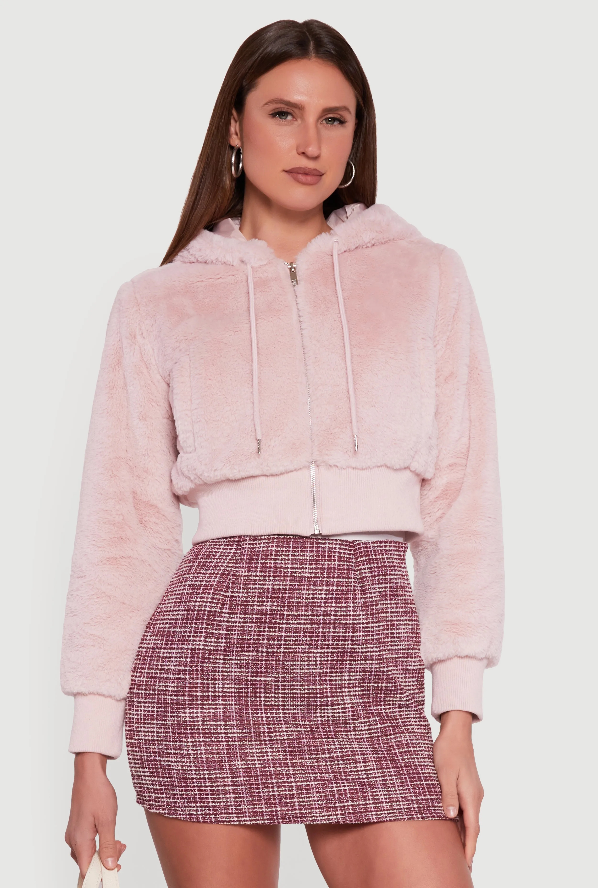 Faux Fur Zip Front Hooded Cropped Jacket sold by Rainbow product image thumbnail 2