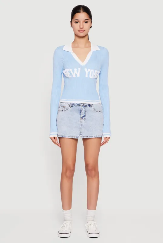 Chenille New York Patch Graphic Varsity Stripe Sweater sold by Rainbow