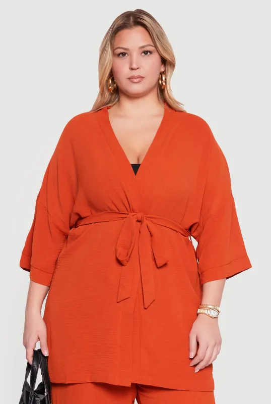 Plus Size Crepe Knit Kimono with Tie Waist Belt made by Rainbow