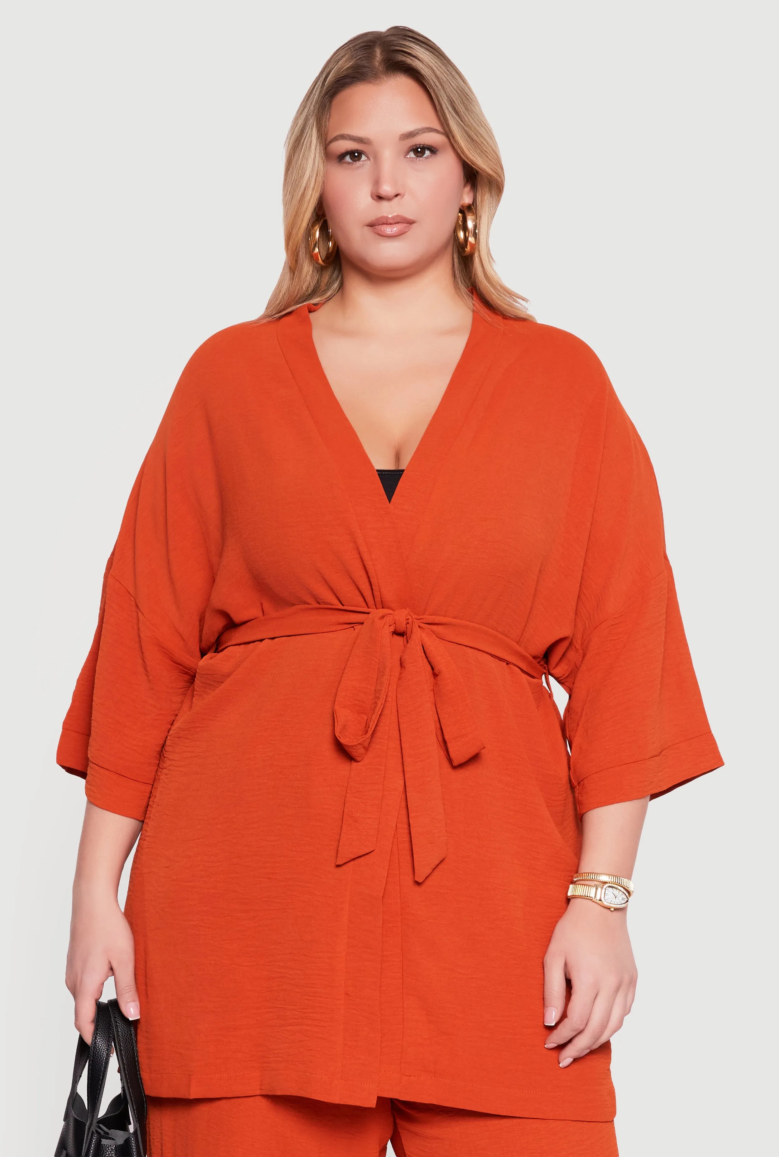 Plus Size Crepe Knit Kimono with Tie Waist Belt sold by Rainbow