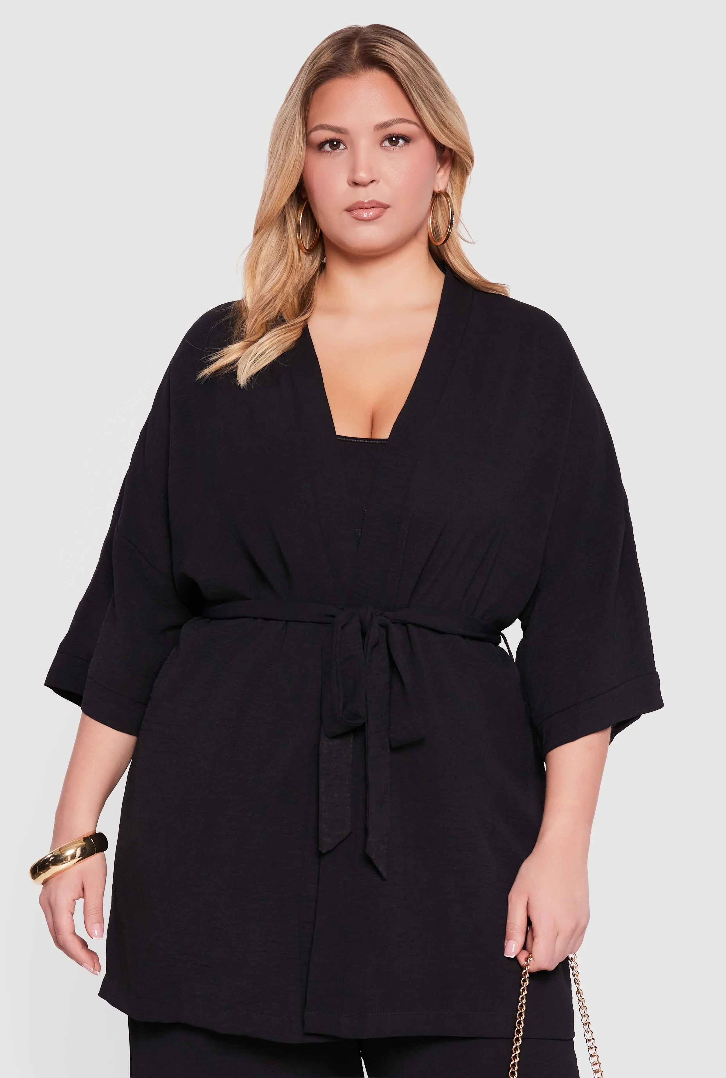 Plus Size Crepe Knit Kimono with Tie Waist Belt sold by Rainbow product image thumbnail 2
