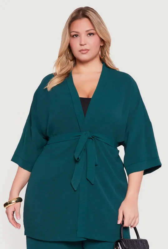 Plus Size Crepe Knit Kimono with Tie Waist Belt sold by Rainbow