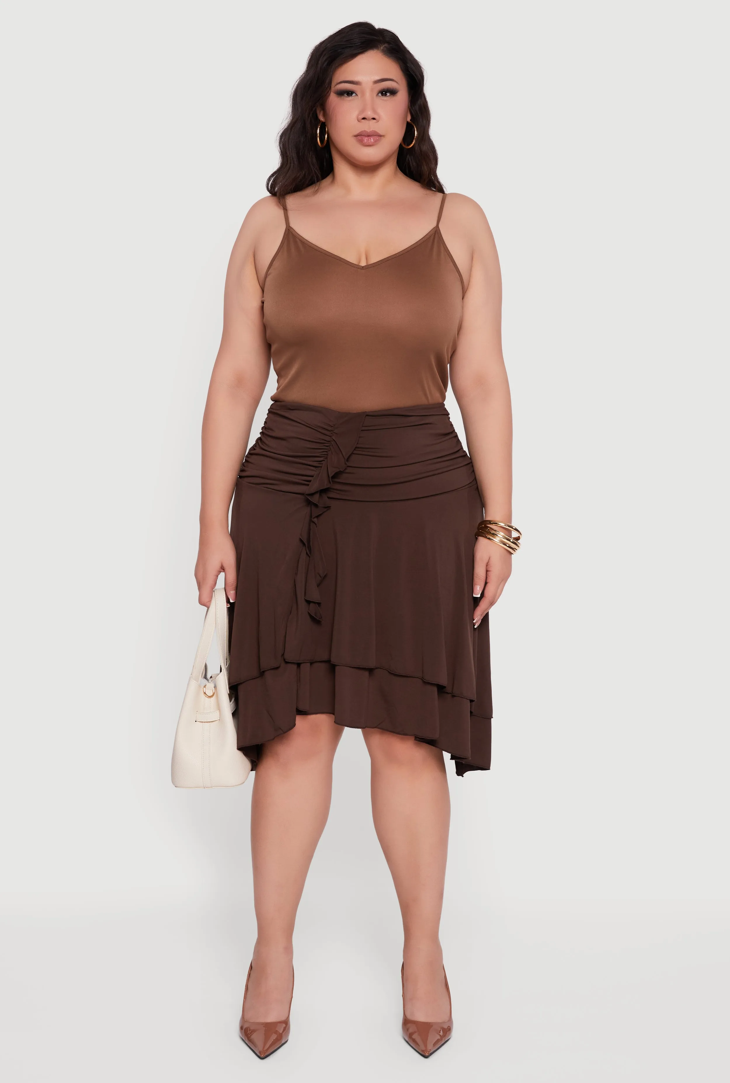 Plus Size Side Rouched Ruffle Trim Tiered Midi Skirt sold by Rainbow product image thumbnail 2