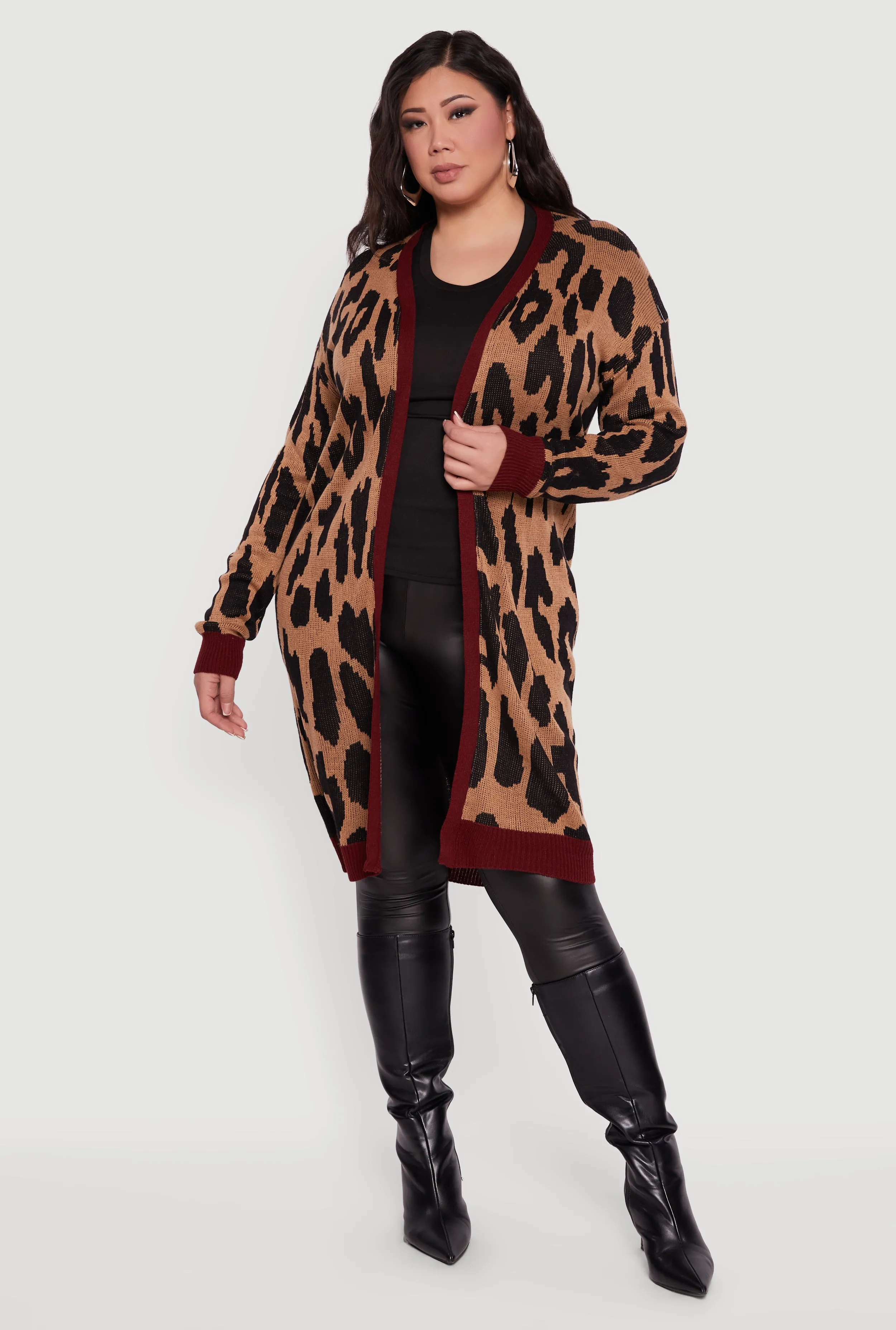 Plus Size Leopard Print Open Front Long Cardigan sold by Rainbow