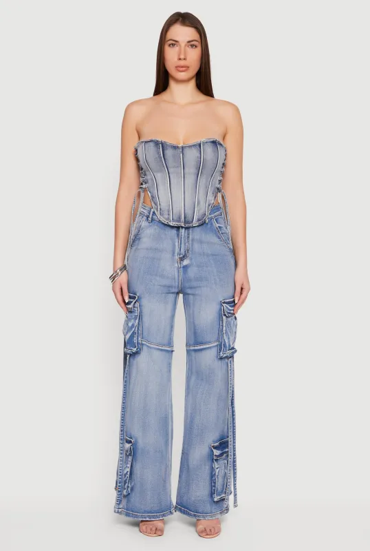High Waisted Decorative Stitch Cargo Pocket Jeans sold by Rainbow