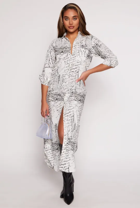 Printed Button Front Maxi Shirt Dress sold by Rainbow