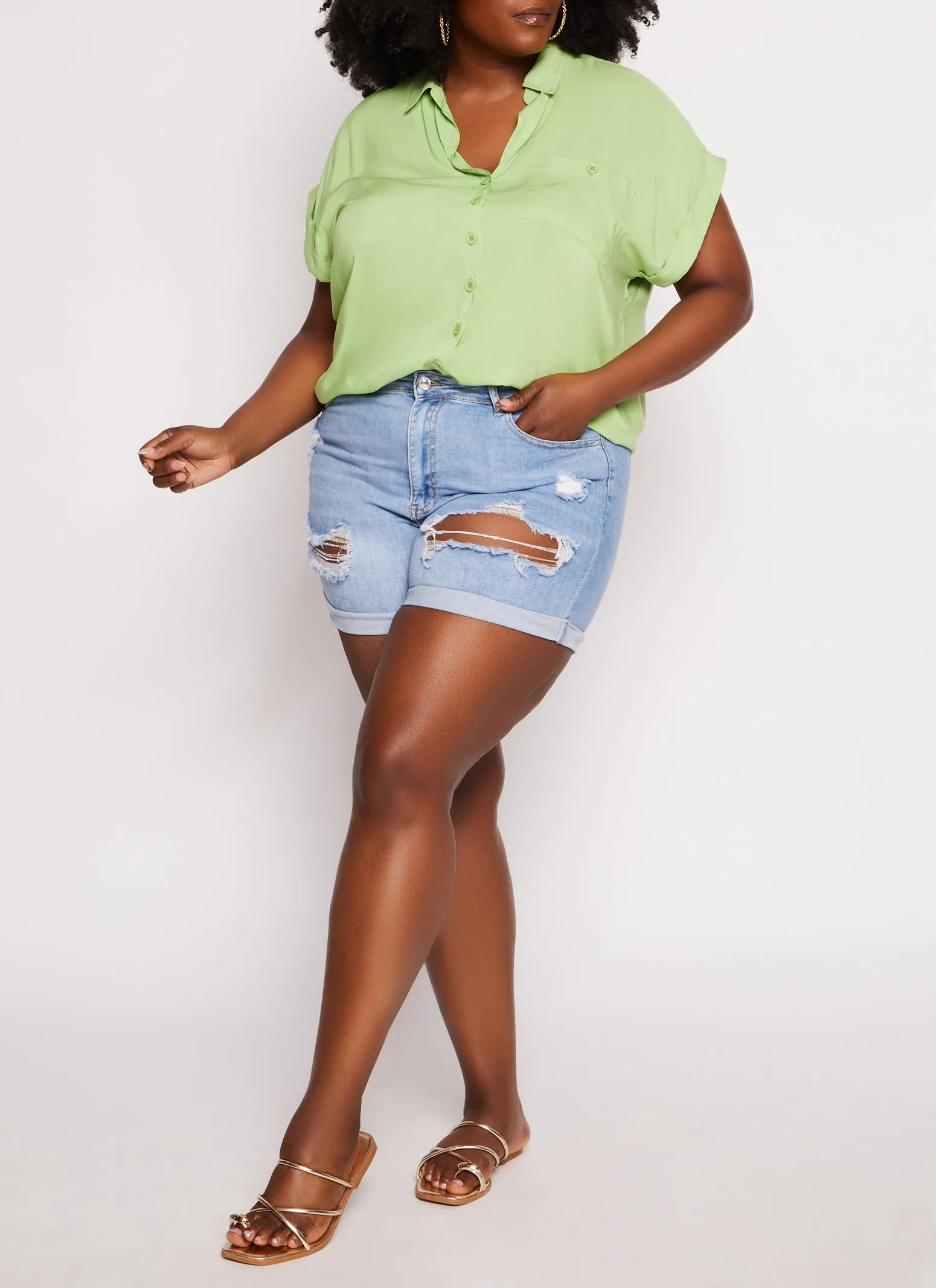 Plus Size Short Sleeve Button Front High Low Shirt sold by Rainbow product image thumbnail 2