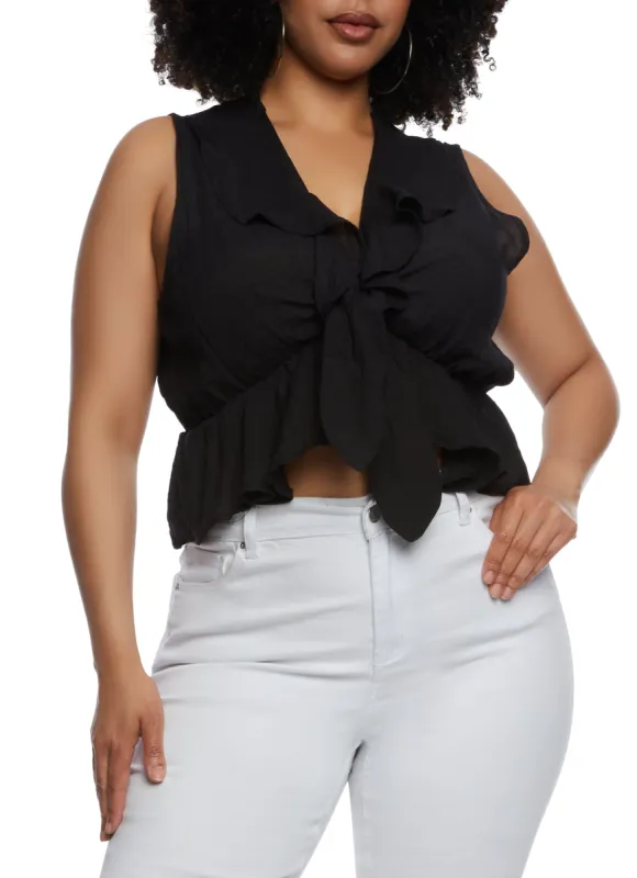 Plus Size Gauze Knit Ruffled Tie Front Crop Top sold by Rainbow